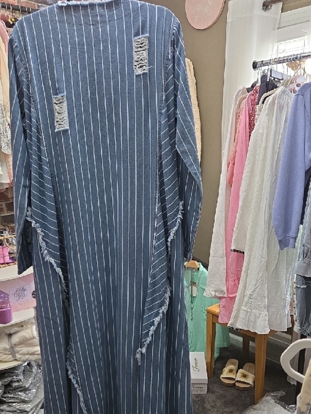 Blue Velvet Frayed Edge Blue Striped Long Duster Coat - Picture 2 of 4
